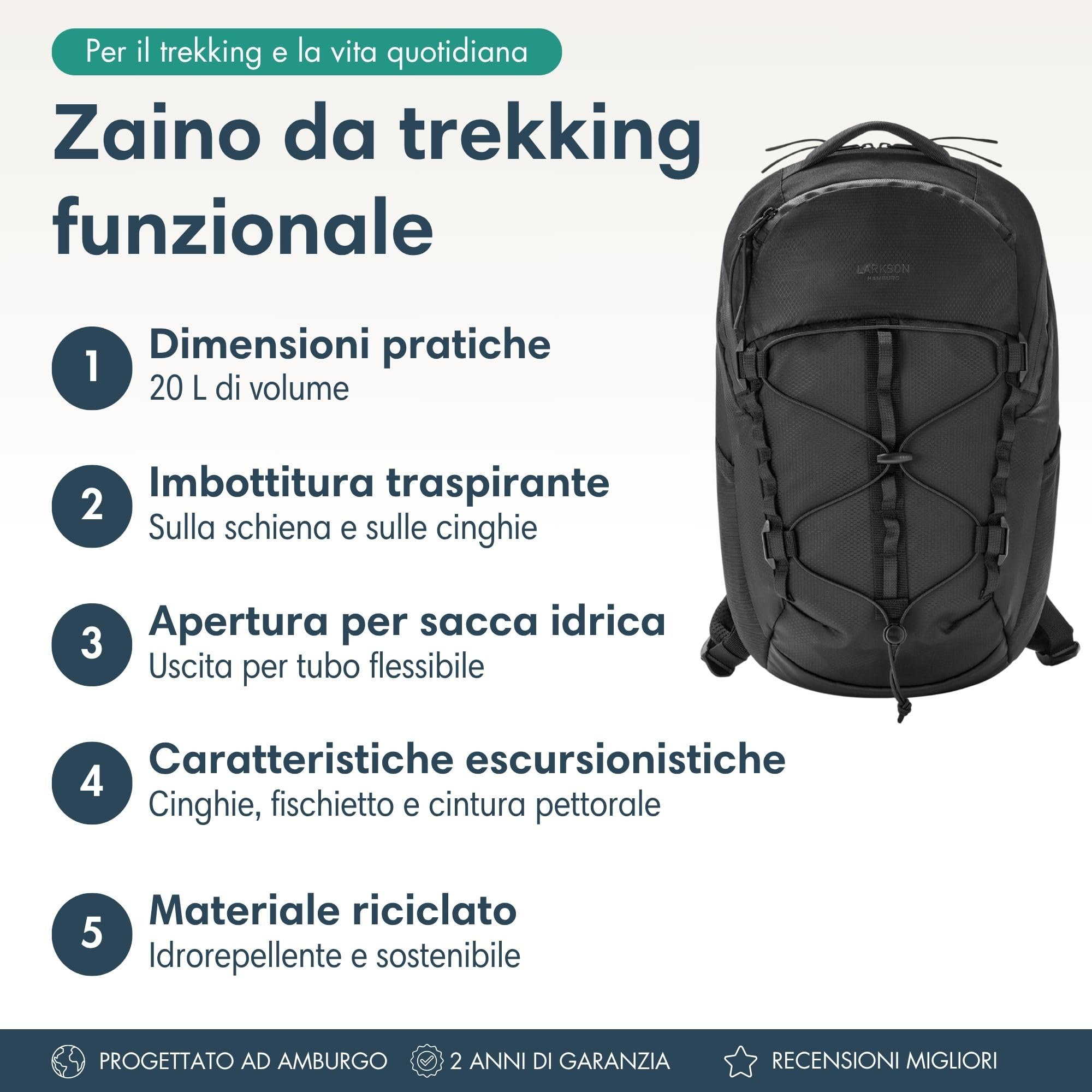 LARKSON Zaino da Escursionismo da Donna e Uomo - Klint Small - Zaino da Trekking Piccolo 20 L - Escursionismo, Trekking, Campeggio, Arrampicata - Zaino da Giorno con Imbottitura in Rete