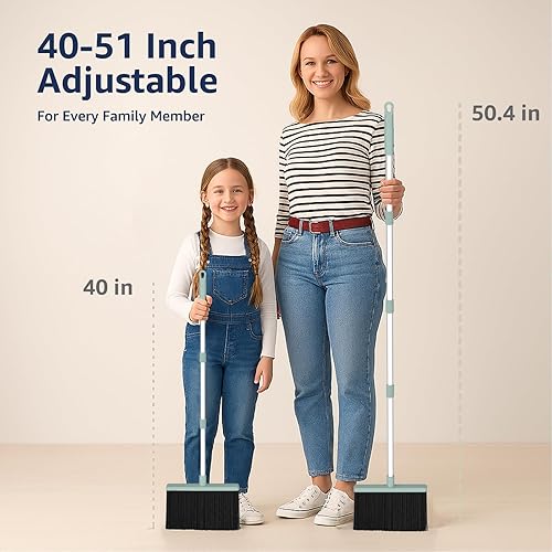 Miniatura 5 de Juego combinado de escoba con recogedor  Juego de escoba y recogedor de mango largo de 52 pulgadas con dientes autolimpiantes, bandeja para polvo de