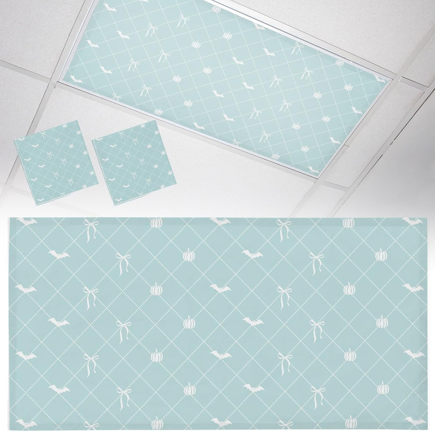 Teal Blue Halloween 2 Pack Fluorescent Light Cover 4x2 Feet, Checkered Bat Bow Lights Filters Drop Fluorescent Lights Cloth Shade, Magnetic Ceiling Light Cover for Classroom Office