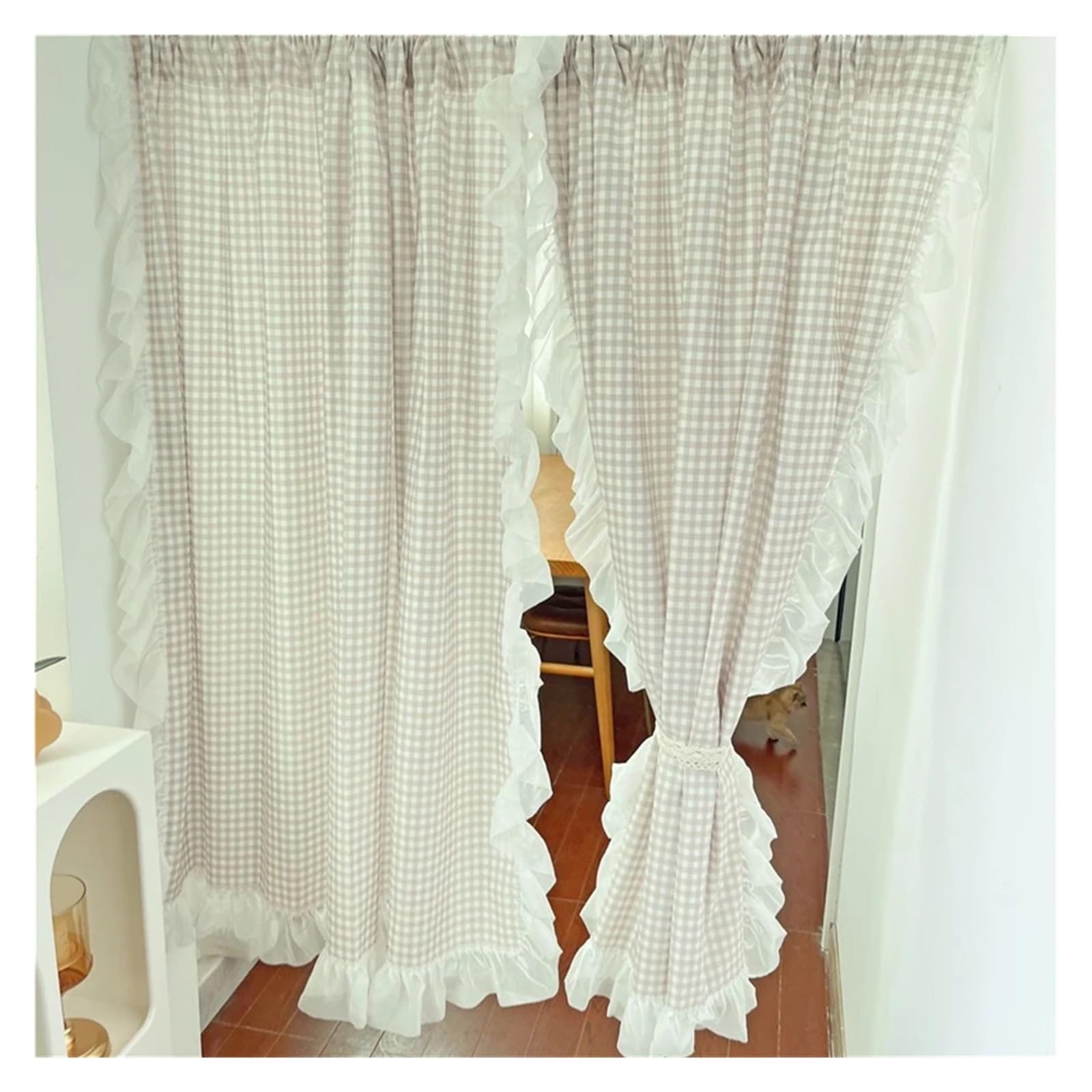 DFGRGRV Ruffle Curtains Yellow/Pink/Green/Blue Lattice Door Curtains for Living Room Japanese Lace Ruffled Plaid for Kitchen(Light yellow,W140 X H30 CM)