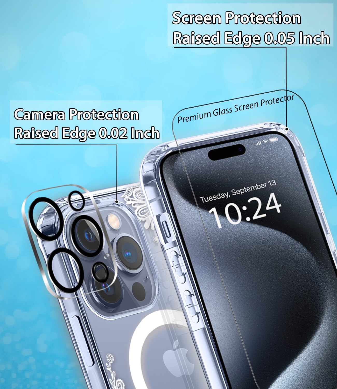Compatible with MagSafe Clear Flower Magnetic for iPhone 15 Pro Case Floral, 6.1 inch, 6.6FT Military Grade Protection Anti Yellowing TPU Women Screen Protector Cute Mandala White Lace