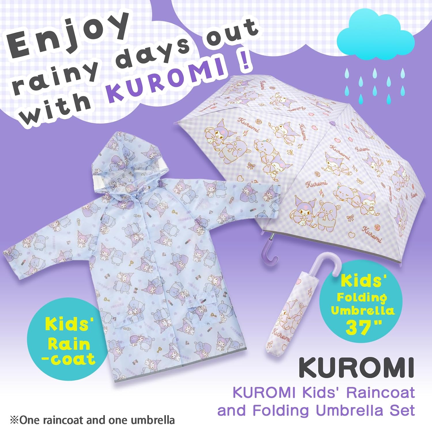 Skater KUROMI Character Rain Jacket for 43"-49" Height and Folding Umbrella 37" Set for Girls 5-7 Years Old Lavender [from Japan]
