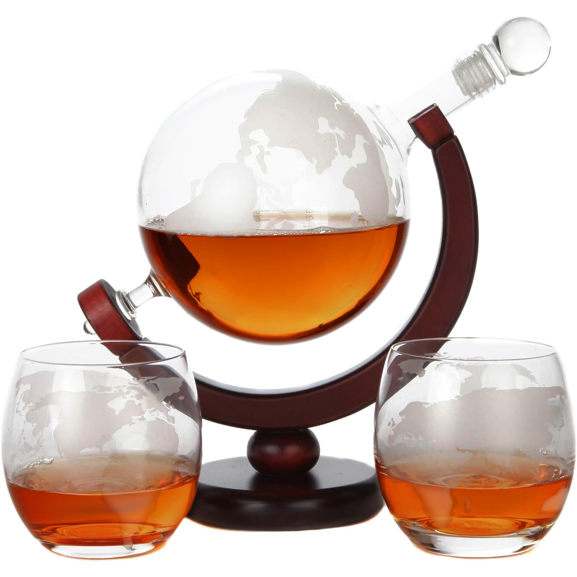 Lily's Home World Globe Whiskey Decanter with Dark Finished Wood Stand, Bar Funnel, and 2 Matching Glasses (850 ml)