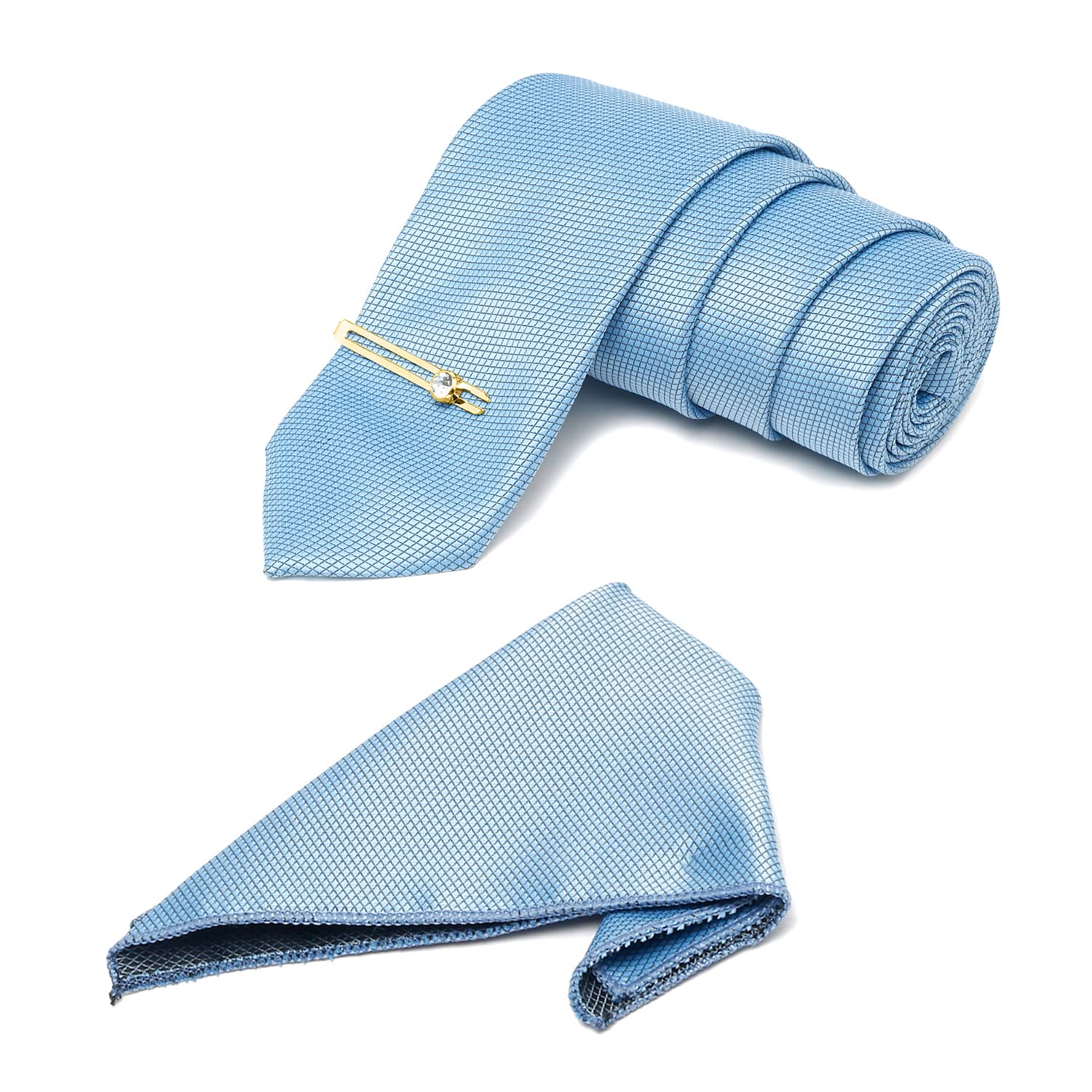 Mens Light Blue Woven Premium Silk Necktie Suit Accessories Set With Pocket Square And Golden Tie Pin (TEGPBU010-)