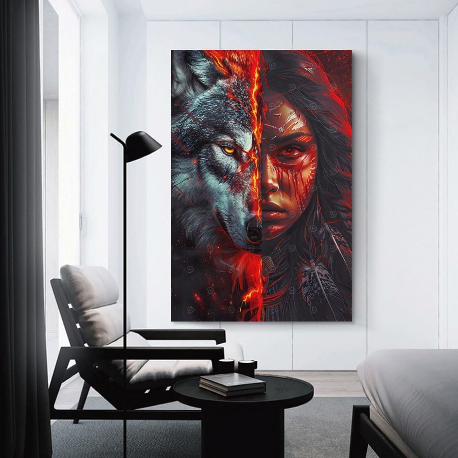 Junmoney Unframe-Style-27 Canvas Wall Decor Red Native American Wolf, 24X36inch(60X90cm), For Living Room, Bedroom, Office Or Hallway, Decorative Artwork With Broad Appeal