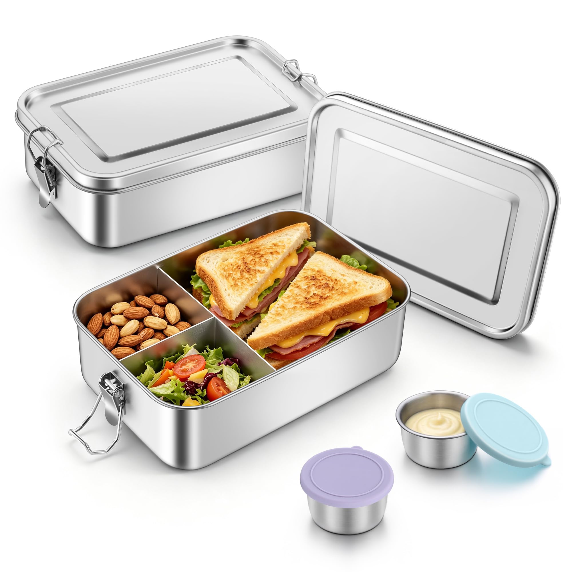 Onader 2Pcs Lunch Boxes 1400ML, Stainless Steel Bento Boxes with Sauce Pots