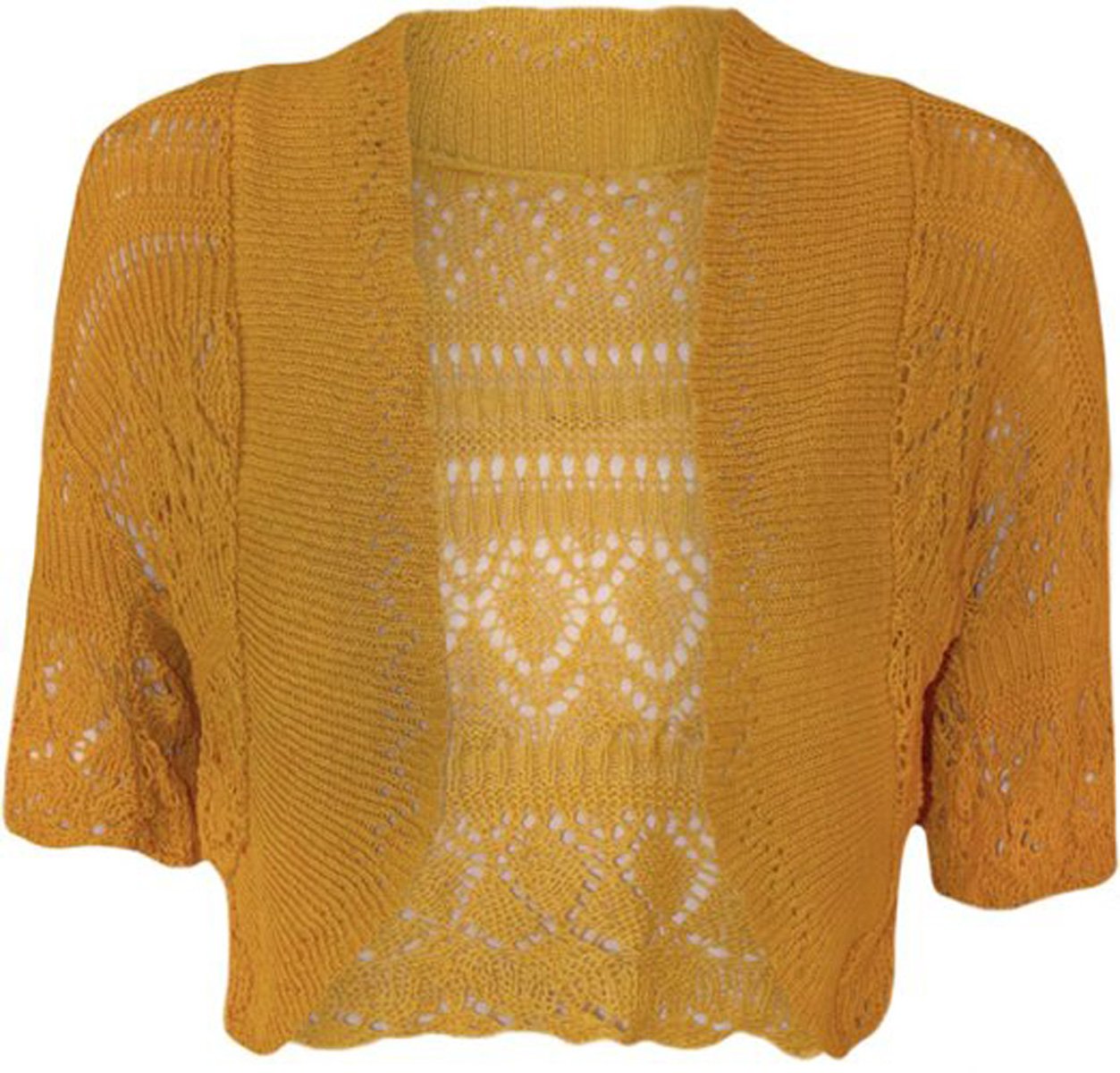 FAIRY TRENDZ Womens Short Sleeve Crochet Knitted Bolero Shrug Ladies Girls Open Front Knitted Cardigan Top Mustard