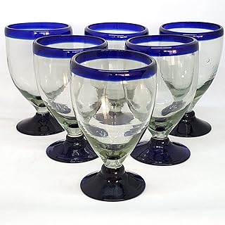 Cobalt Blue Rim 12 oz Short Stem Wine Glasses (set of 6), Recycled Glass, Lead-free, Toxin-Free (12oz Short Stem)