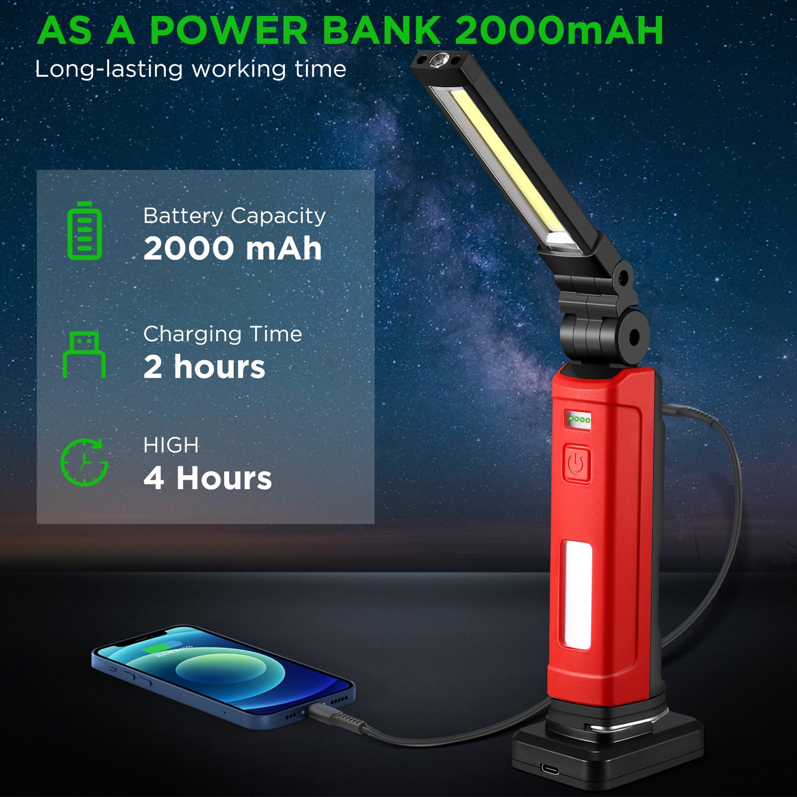 Rechargeable Magnetic Work Light With Hook Clip 360 Rotate Rechargeable ...