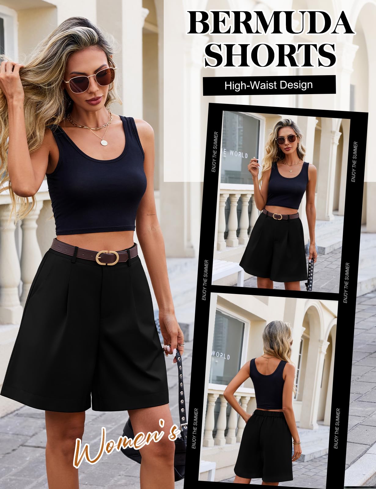 Short Femme Bermuda Cargo Été Shorts Taille Haute Élastique Jambes Larges Pantalon Court Couleur Unie Short Long de Décontracté Travail avec Poches