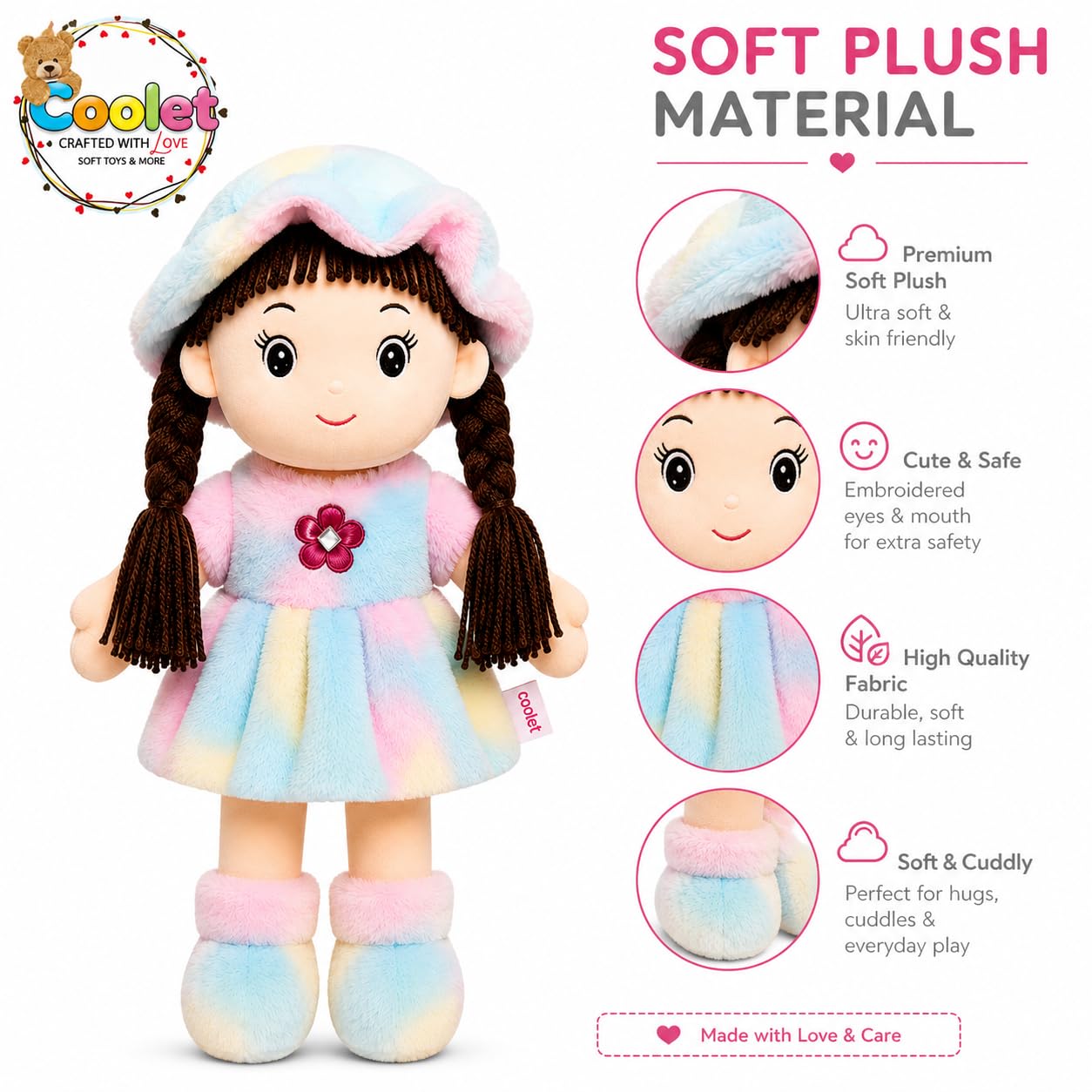 Coolet Soft Hat Doll for Kids 42 cm | Cute Plush Rag Doll with Cap & Braided Hair | Washable Stuffed Soft Toy for Girls & Boys | Birthday Gift | Multicolor 1