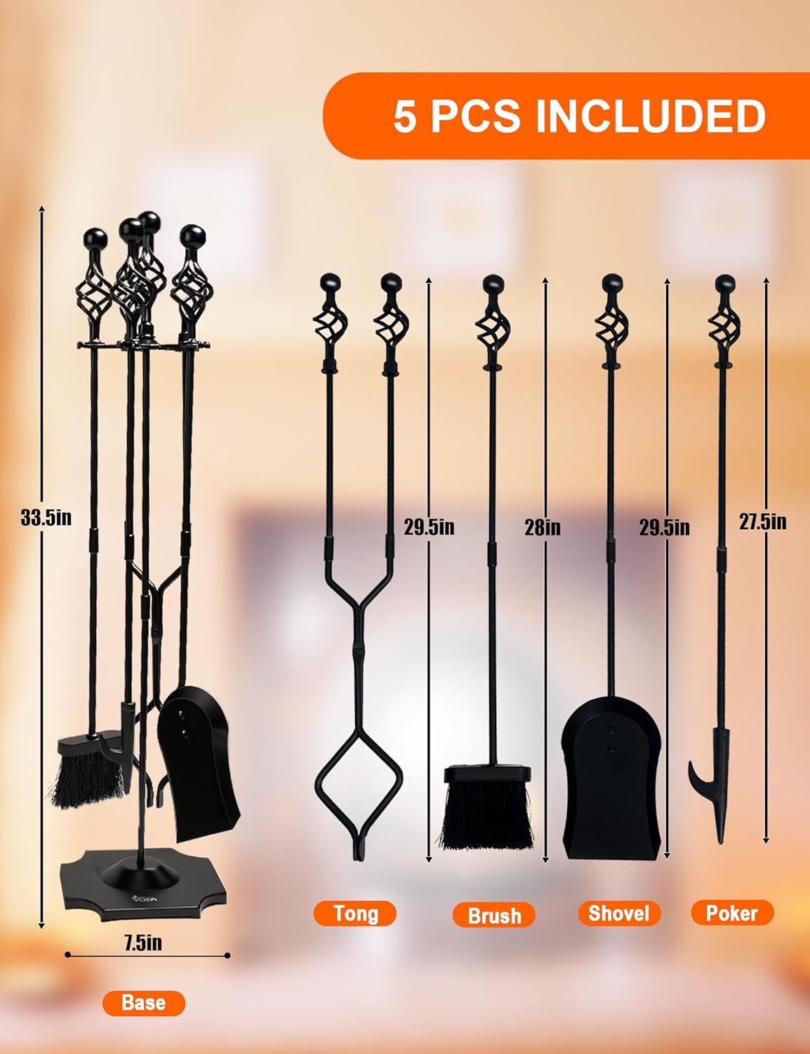 VODA Fireplace Tool Set 33" 5-Piece Cast Iron Fire Place Set Tools Indoor Fireside Accessories Large Fire Place Tool Set Outdoor Fire Pit Holder Fire Kit with Poker Shovel Tongs Brush, Stand
