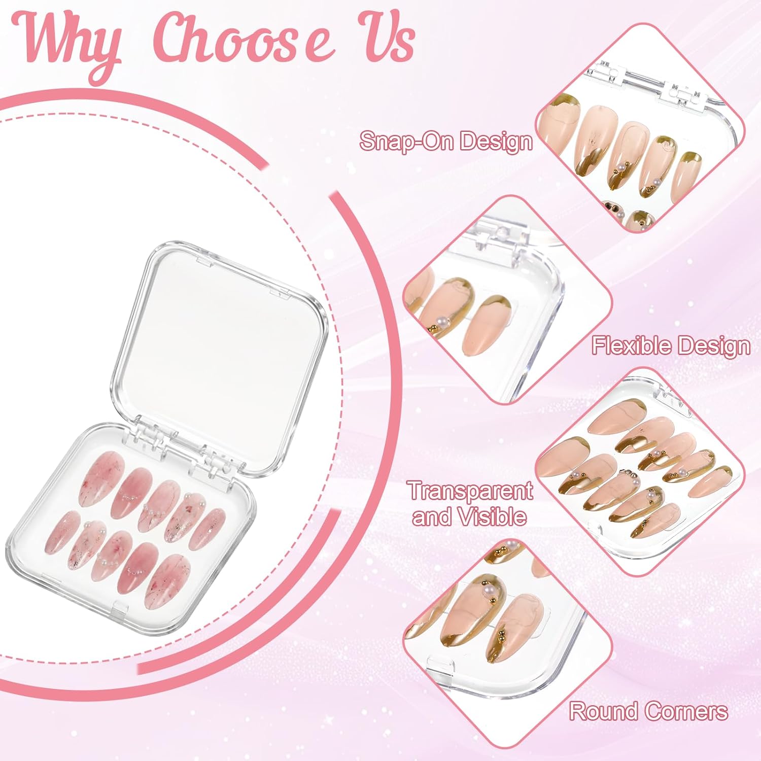 SHENLIU 50 Sets Press On Nail Storage Box, Clear Artificial Nail Display Case Acrylic Nail Boxes Press On Nail Packaging Box with Adhesive Double Sided Tape Nail Boxes for Nail Salon
