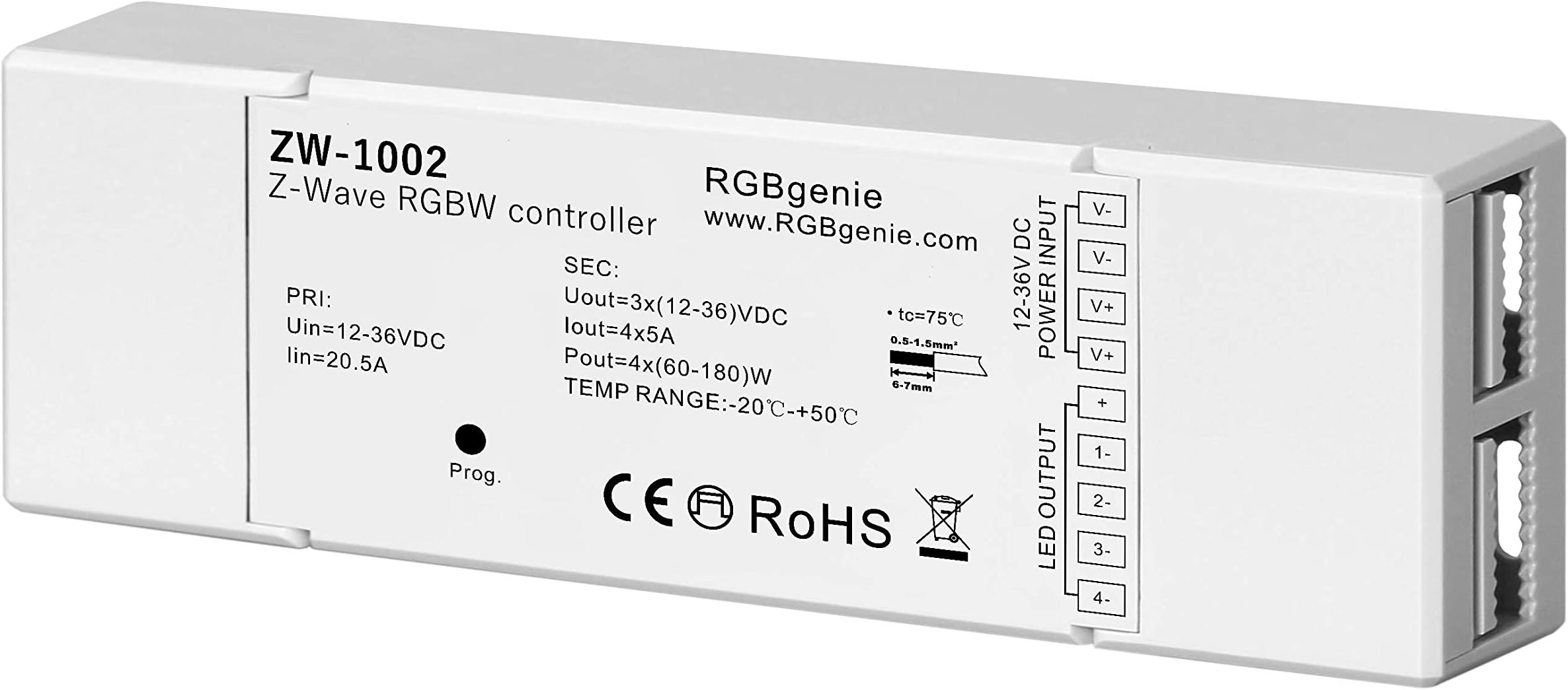 Z-Wave RGBW LED Controller for LED Strip Lights. Dimmer and Repeater, 4 Channels at 5 Amps Each, 720 Watts, RGBgenie ZW-1002
