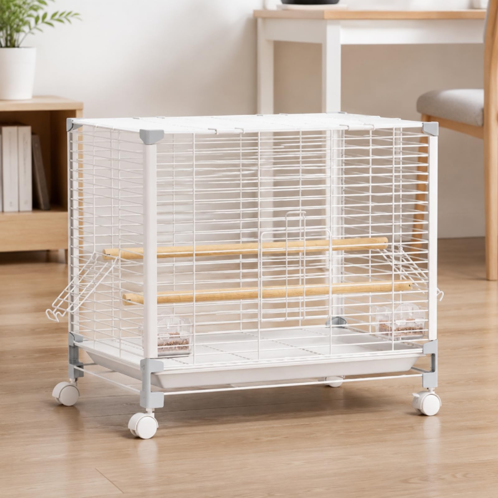 Vogelkäfig mit Rollen Vogelkäfig mit Kotwanne ausziehbar Zimmervoliere für Wellensittiche, Vogelbesitzer, Wohnzimmer, Array, Weiß, Groß 76 48 57CM