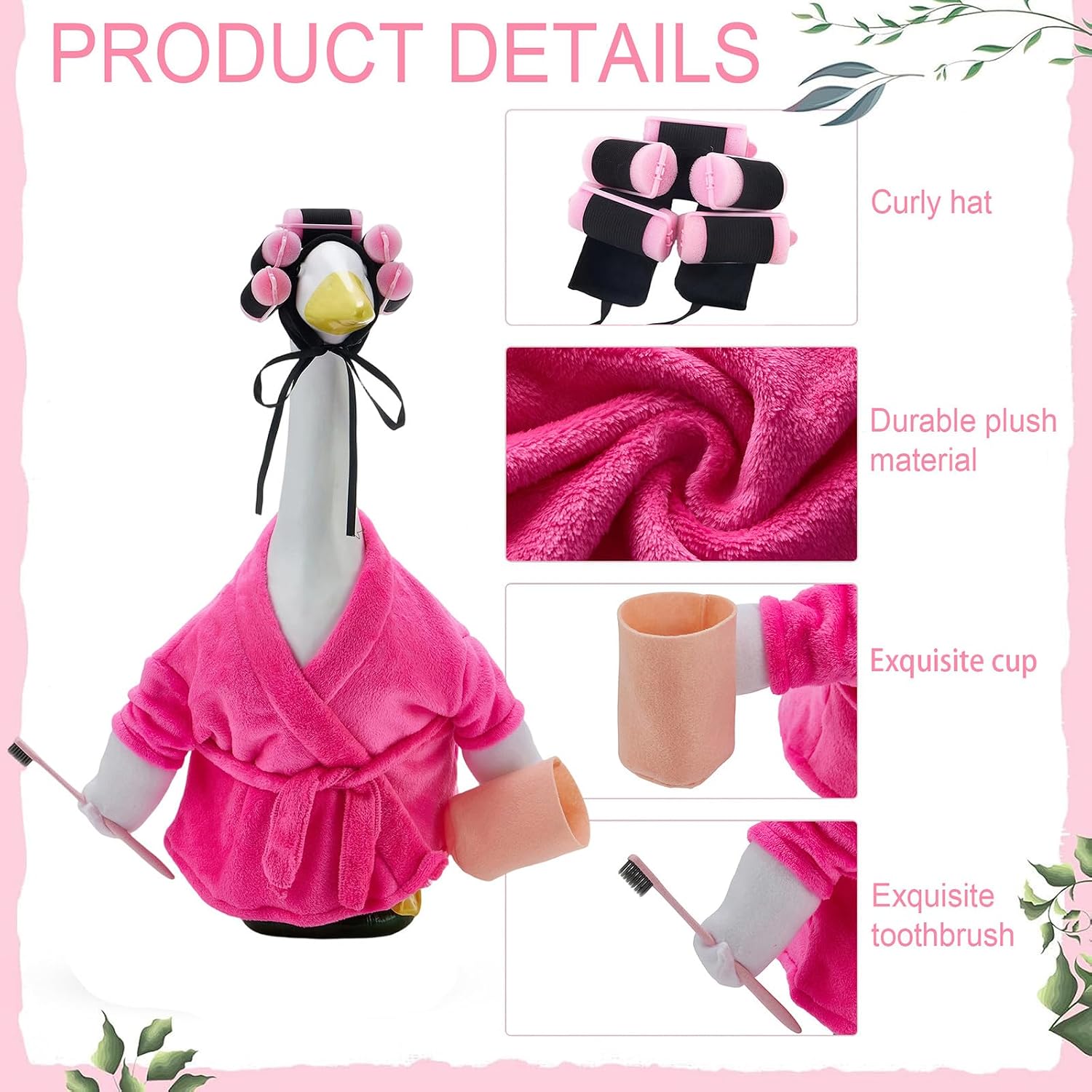 Old Lady Porch Goose Outfit for 23'' Cement or Plastic Lawn Goose Statue Bathrobe, Hair Rollers, Toothbrush & Cup for Garden Yard Decoration