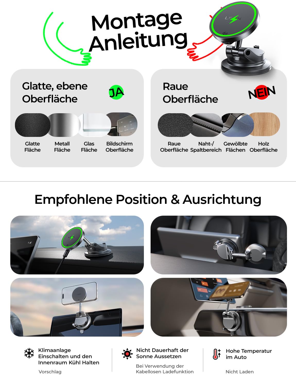 LISEN Handyhalterung Auto mit Ladefunktion - [Qi2.2 & 25W] für Magsafe Autohalterung mit Vakumm Saugnapf Snapmount Handy Halterung Auto Magsafe für iPhone 17 Pro Max Air 16-12 Series, Galaxy S25 Ultra