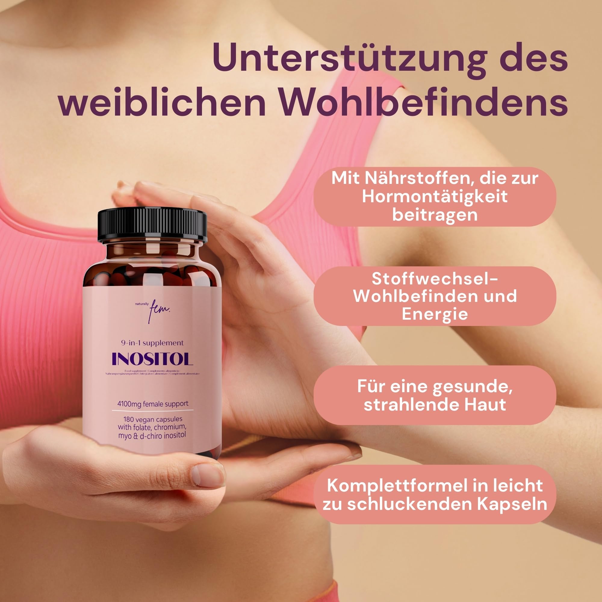 Myo Inositol & D Chiro Inositol Komplex 4100 mg – 9-in-1 mit aktivem Folat (5-MTHF), Chrom, Zink, Vit. B6, B12 & D3 – Vegan & ohne Zusätze – 180 Inositol Kapseln