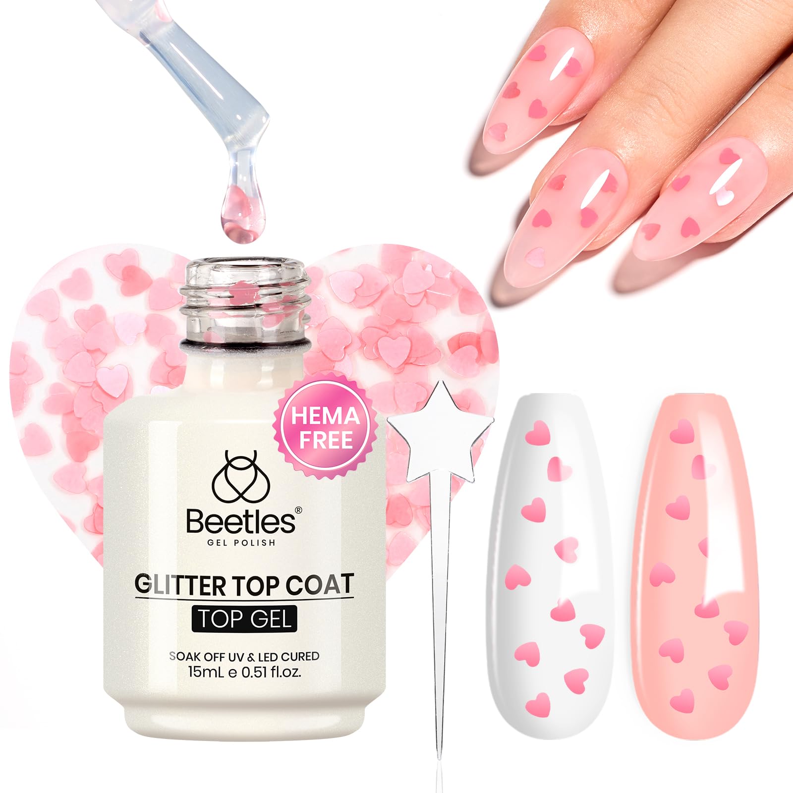 Beetles Hema-Free Pink Heart Top Coat, 15ML Soak Off No Wipe Clear Pink UV Top Gel Polish Reflective Heart for Sparkle Nails Design Manicure Gift for Girls Women