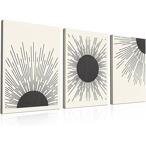 Set of 3 Boho Wall Art, 12x16 inch Canvas Wood Framed Sun Rising Prints, Waterproof Fade-resistant Light-weight Sturdy and Easy to Hang Wall Decor for Bedroom, Living Room, Bathroom, Office