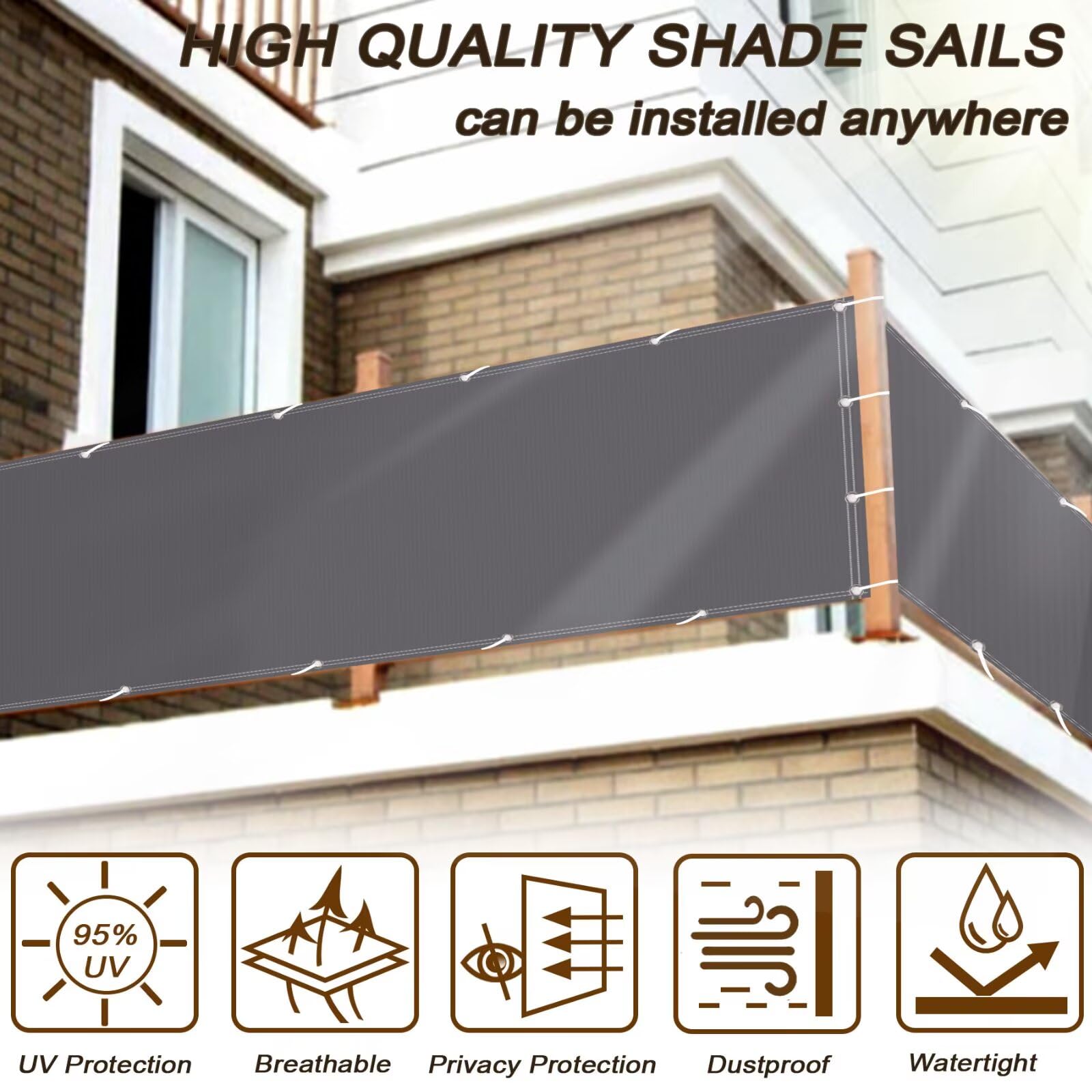 Frangivisto Balcone Protezione Rettangolare,Tenda Parasole Impermeabile Anti-UV Antistrappo, Vela Ombreggiante con Occhielli Facile da Installare Grigio Scuro 0.75x10m