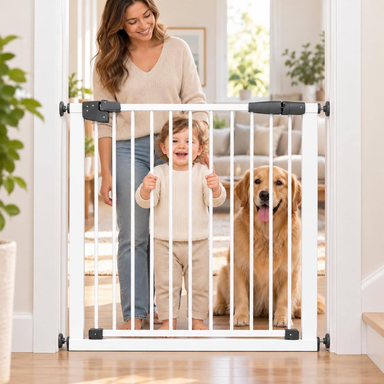Baby Stair Gate Pressure Fit Auto Closing Safety Gate with Double Lock 78cm Height, 2 Way Opening Steel Child and Pet Gate for Doorways Hallways and Selected Stair Areas, Large (76–83cm)