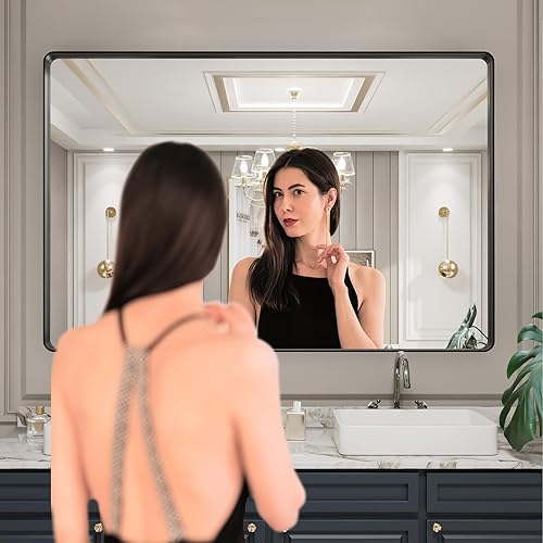 Miniatura 418 de LOAAO - Espejo de tocador para baño con marco de metal negro mate de 24 x 32 pulgadas para pared, rústico, rectangular, grande, redondeado