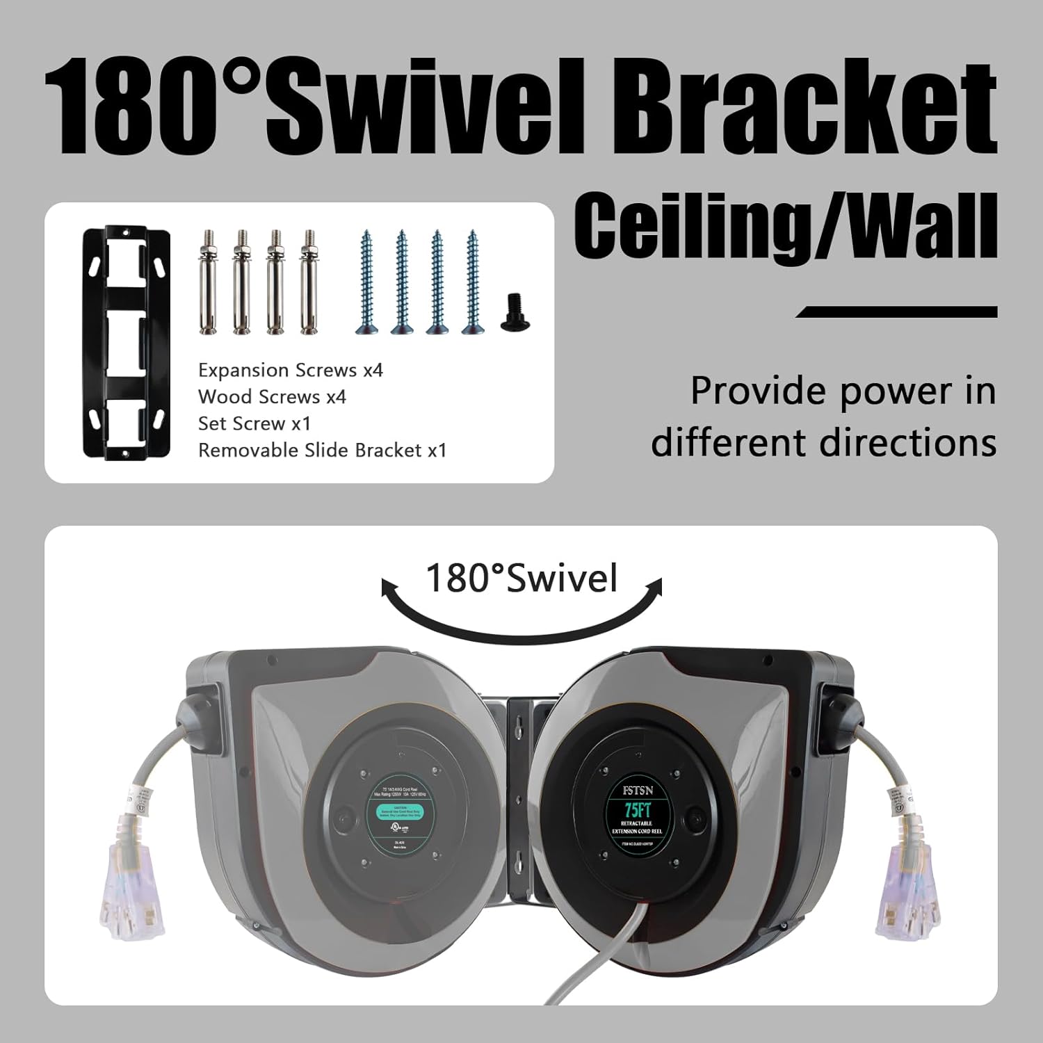 75ft Retractable Extension Cord Reel - 14 AWG/3C SJTOW Heavy Duty with 3 Lighted Outlets, 10A Breaker - Wall/Ceiling Mount for Indoor Outdoor Garage, Workshop Grey.