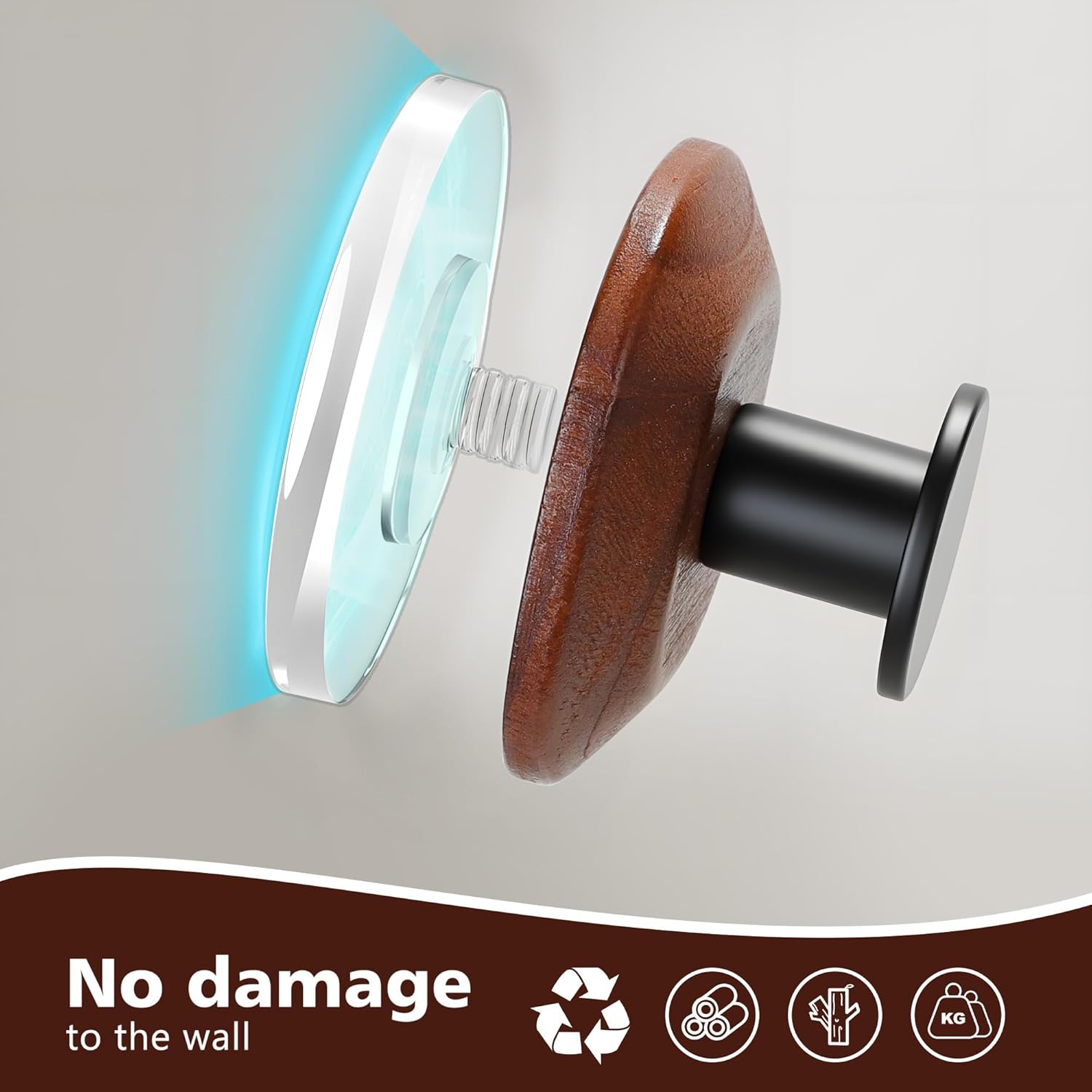 YIGII Wooden Suction Cup Hooks - Bathroom Towel Hooks Without Drilling, Reusable Suction Hooks for Hanging Coats, Bathrobes, and Bath Sponges, 4 Pack