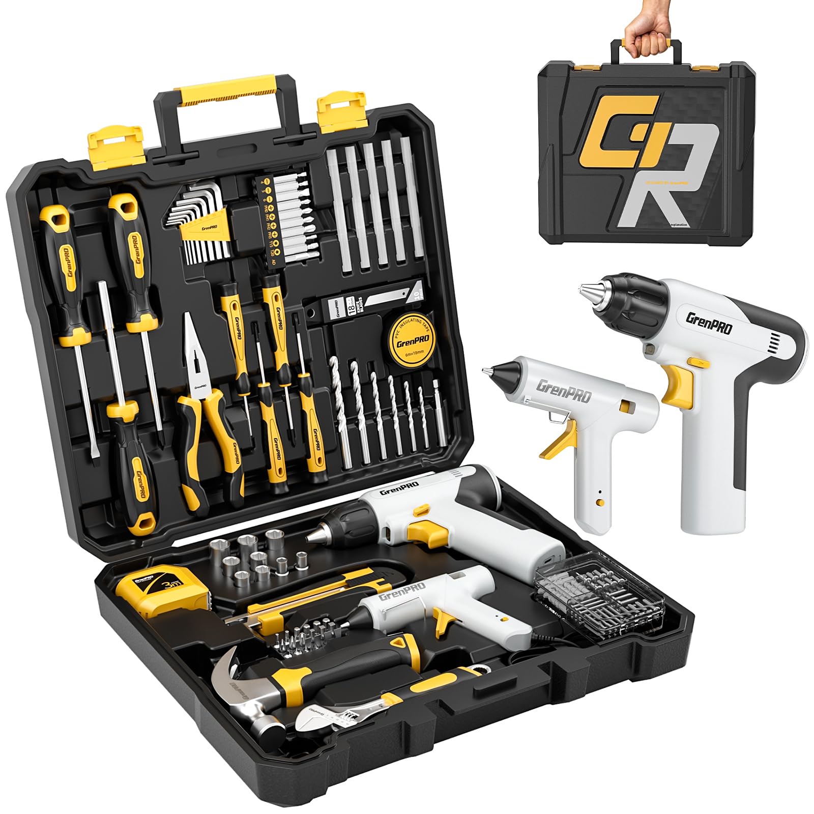 GRENPRO Set da 188 pezzi di trapano e pistola per colla a caldo, set di attrezzi per la casa con trapano senza fili bianco, cassetta degli attrezzi, kit di utensili manuali per donne e uomini e