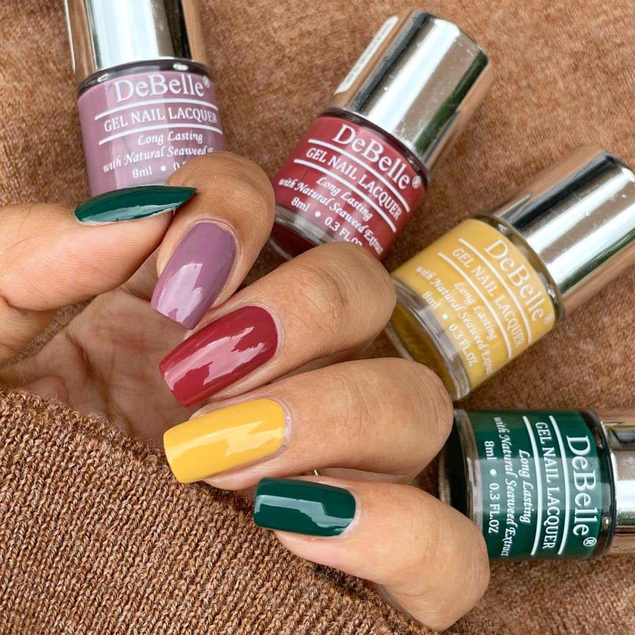 DeBelle Gel Nail Lacquers Combo Set of 4 Berry Punch Skittles - Majestique Mauve (Mauve), Moulin Rouge (Maroon),Yellow Topaz (Mustard Yellow), Hyacinth Folio (Bottle Green) 32ml (8ml Each)-image-10