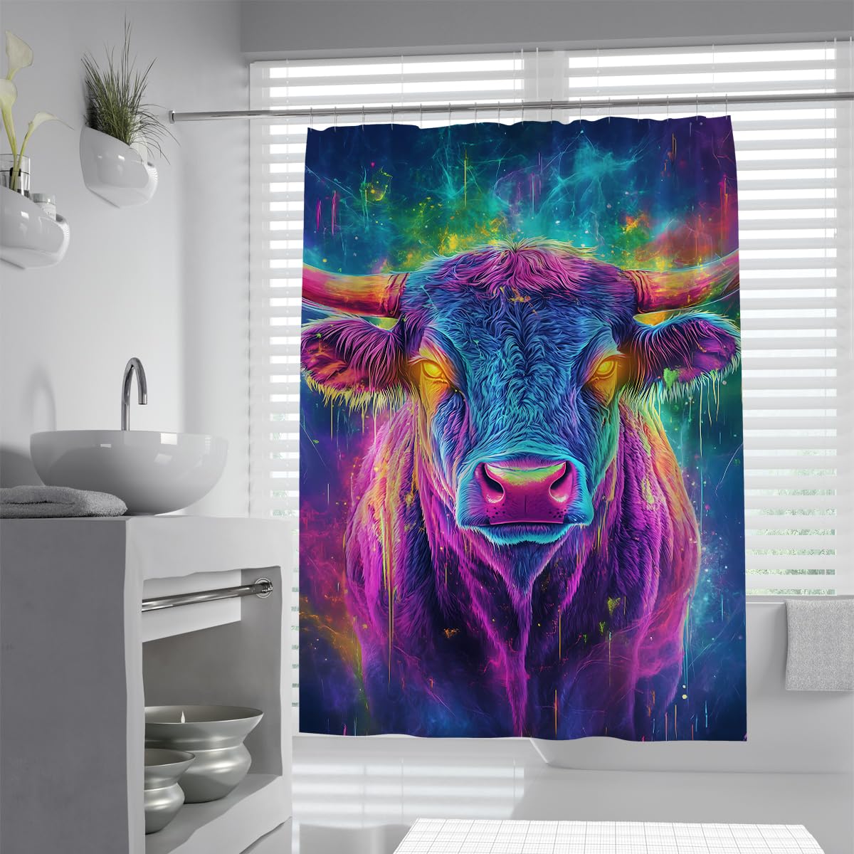 UIRINGART Neon Galaxy Cow Shower Curtain W120xL180cm Psychedelic Wildlife Art Print Polyester Anti-mould Lightweight Machine Washable Hotel Bath Curtain with Hooks