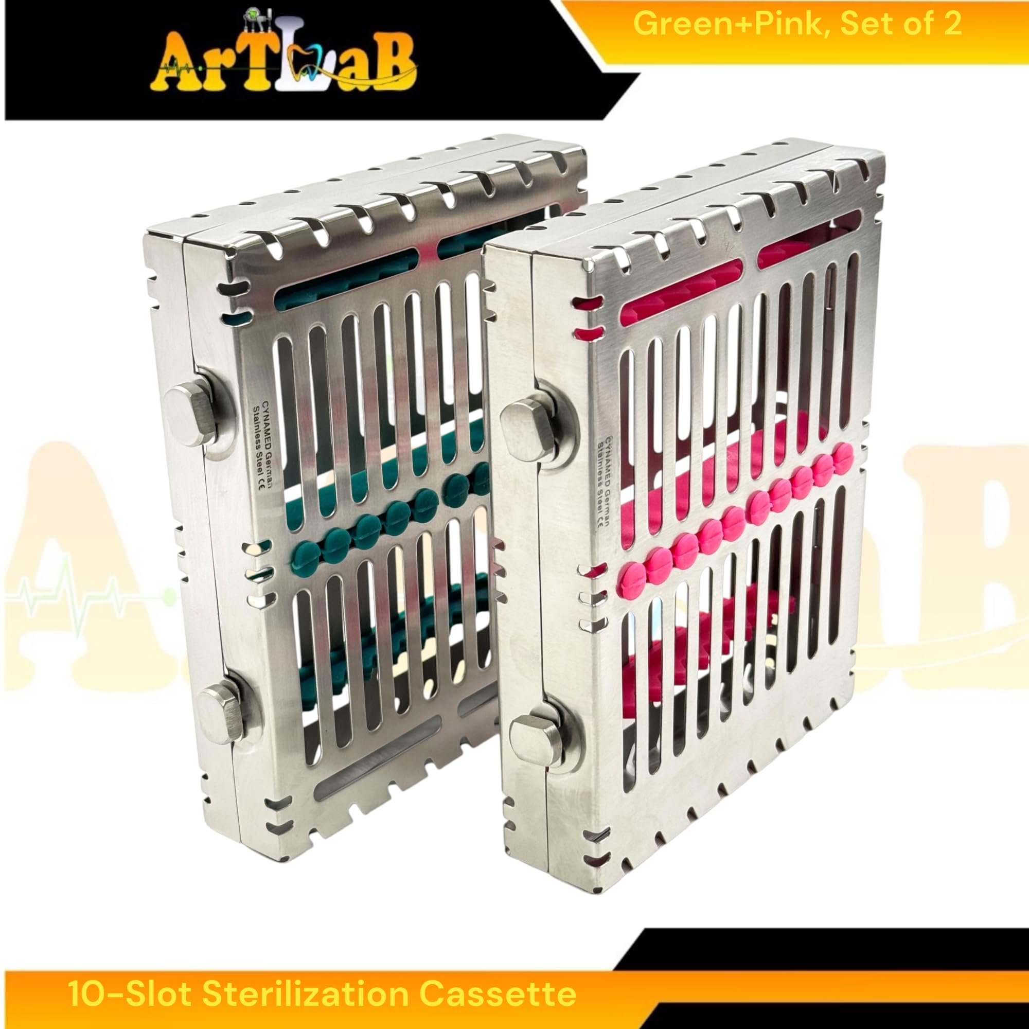 10-Slot Dental and Veterinary Instrument Sterilization Cassettes, with Removable Silicone Inserts, Detachable Lid, & Double-Button Locks - Stainless Steel (Pack of 2)