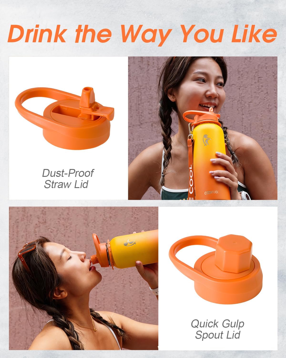 Coolflask Water Bottle with Straw, 40 oz Insulated Metal Water Flask with Straw & Spout Lids, Stainless Steel Double Wall Vacuum, Keep Cold 48h Hot 24h, Leak Proof, BPA-Free, Yellow/Orange