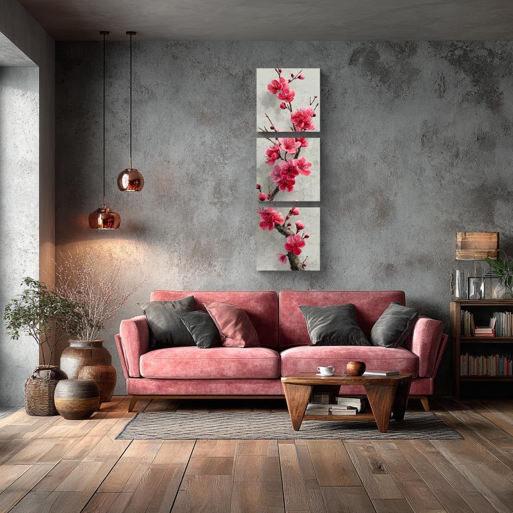 NAN Wind 3Pcs Abstract Plum Blossom Canvas Wall Art Watercolor Pink Floral Painting Asian Ink Style Botanical Flower Artwork Vertical Elegant Nature Decor for Living Room Bedroom Office Zen Home image 5
