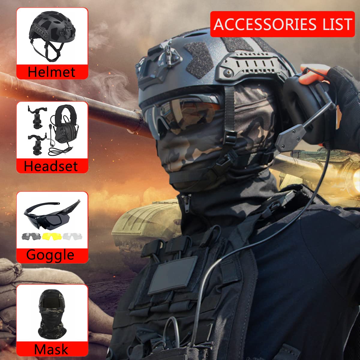WLXW Conjunto de Casco táctico de protección Completa Fast SF, con Auriculares Airsoft y Gafas de Tres Lentes y máscara táctica, para Paintball Wargame Military Set