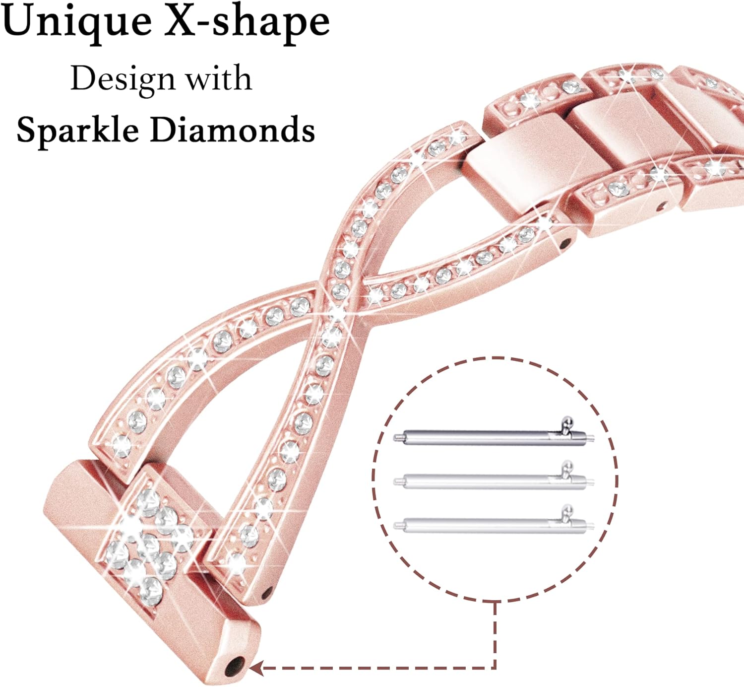 Galaxy Watch 7 6 5 4 band, 20mm X-Shape Band for Samsung Watch 4 5 6 7 Bands 40mm 44mm, Women Bling Diamond Metal Band for Watch 4 6 Classic/Watch FE/5Pro/Watch 3 41mm/Active 2-Rose Gold - Image 2
