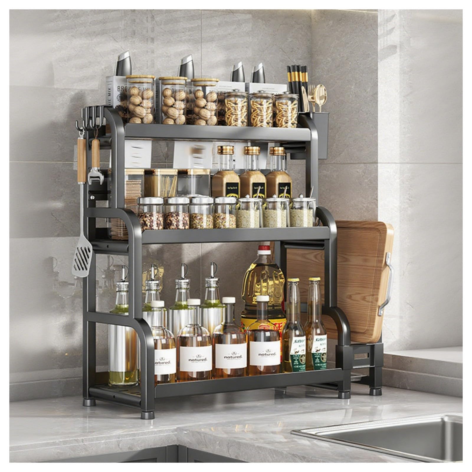 HADECOLL Tall Countertop Spice Rack Organizer, Carbon Steel Construction With Railing Design, For Cabinet Bathroom Pantry,Black-3 Tier-50cm