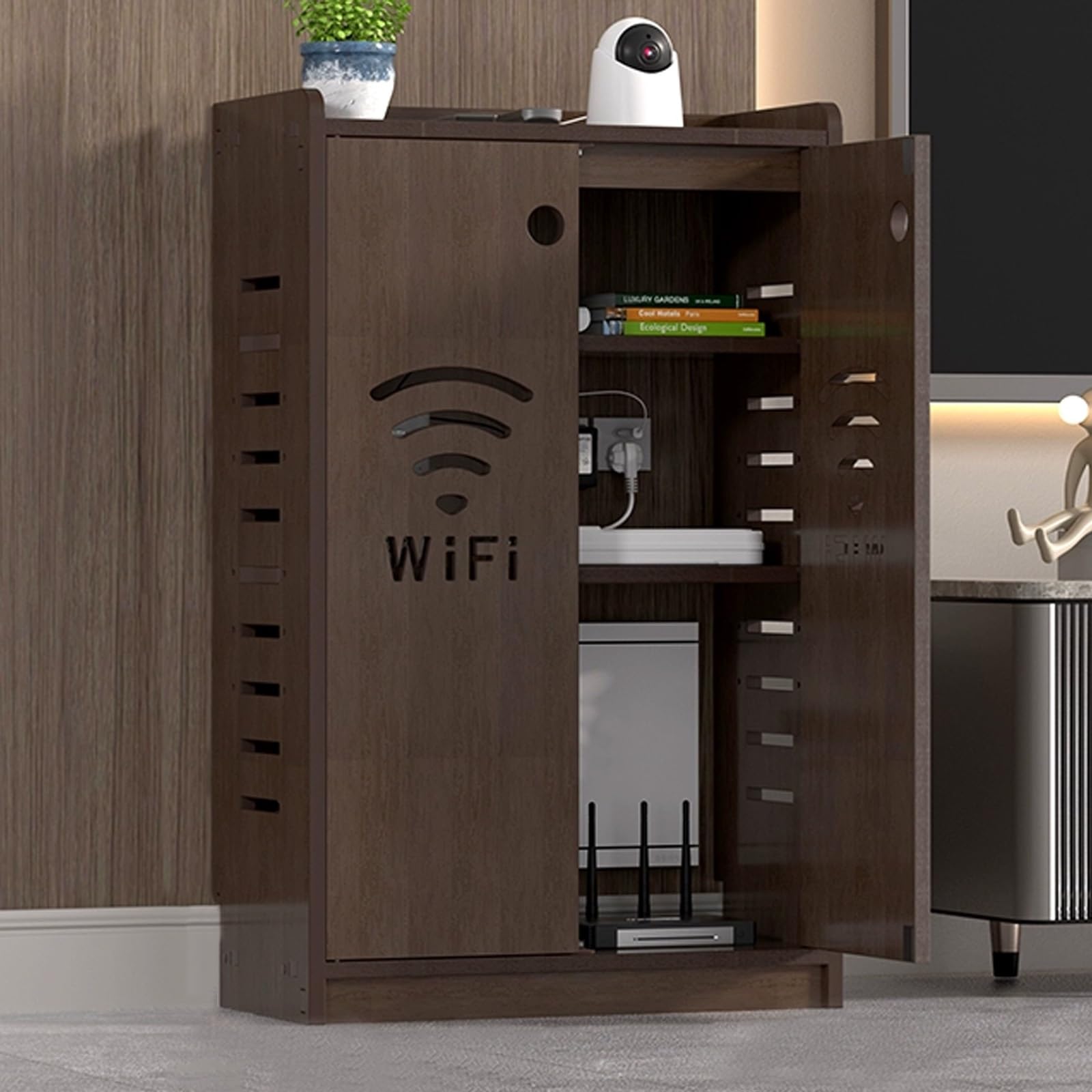 Caja de almacenamiento oculta para WiFi con estante ventilado