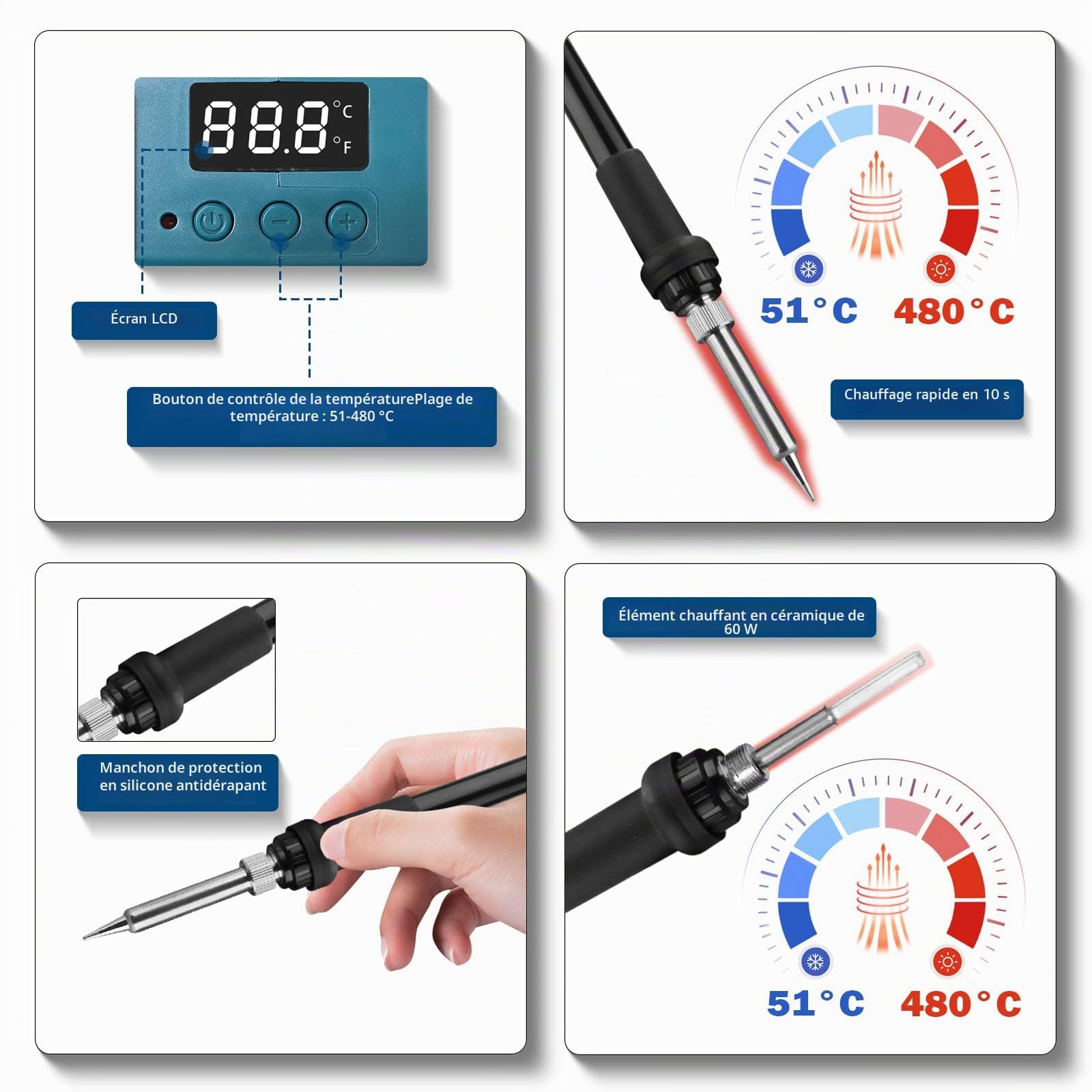 TPDL Fer à Souder Sans Fil Pour Bosch Professional 18 V Système GBA, 60 W, Température Réglable 51-480 °C, Avec Interrupteur ON/OFF, Support et Fil à Souder 50 g