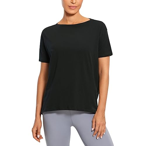 CRZ YOGA Women's Pima Cotton Short Sleeve Shirts Loose Fit Gym Workout T-Shirt Athletic Casual Tops