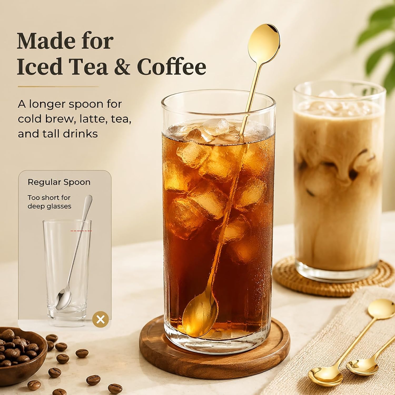 Gold Long Stirring Spoons 4 Pcs, 8.27" Stainless Steel Iced Tea | Gold Finish, Dual-End Design (Disc + Spoon Bowl), for Coffee, Cocktails, Milkshakes, Sundaes, Tall Glasses & Bar Drinks