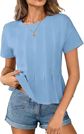 Women's Babydoll Tops T-Shirts Peplum Pleated Short Sleeve Cropped Tee Summer Loose Fit Casual Crewneck