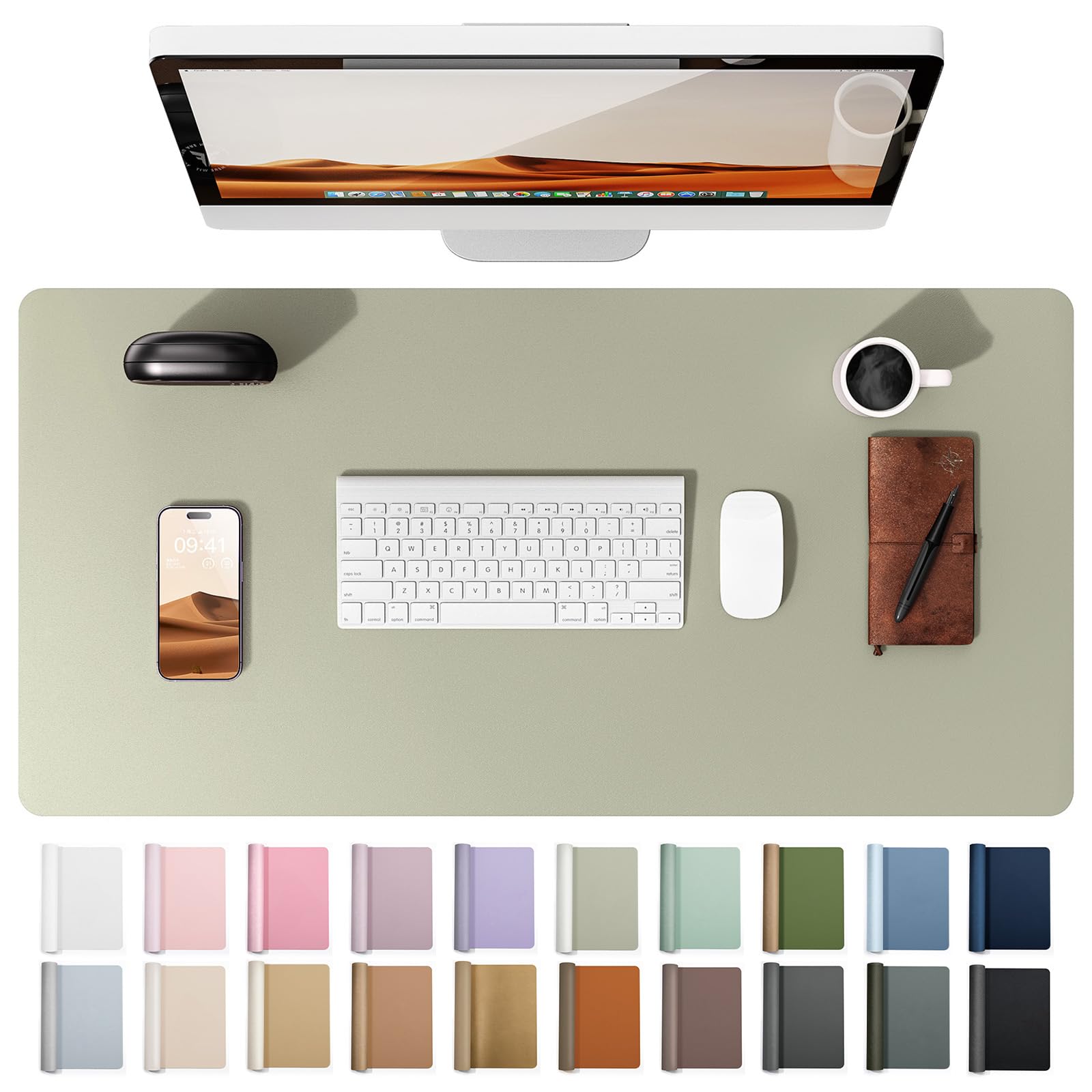 YSAGi Leather Desk Protector, Office Mat, Large Mouse Mat, Non-Slip PU Leather Blotter, Laptop Desk, Waterproof Writing Pad for Office and Home (Sage Green, 31.5" x 15.8")