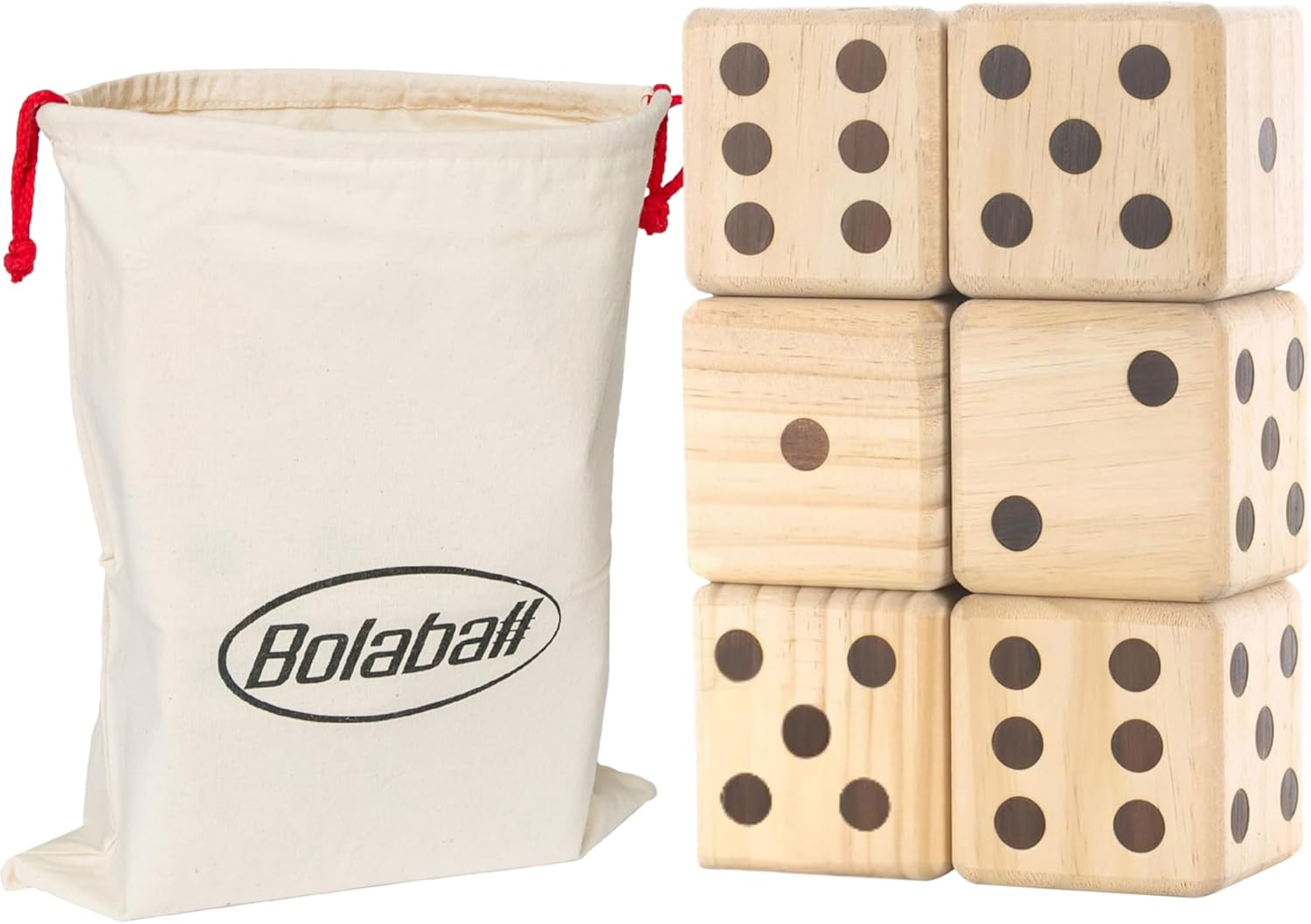 Bolaball 3.5" Giant Wooden Yard Dice Set – Durable Outdoor Fun Kit Includes 6 Large Dice with Sturdy Carry Bag for Parties, Beach, Lawn Games, and Easy Storage; Superior Crafted Hardwood Design