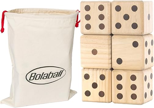 مجموعة نرد الفناء الخشبية العملاقة Bolaball مقاس 3.5 بوصة، مجموعة ممتعة متينة في الهواء الطلق تتضمن 6 نرد كبيرة مع حقيبة حمل قوية للحفلات والشاطئ وألعاب العشب وسهولة التخزين؛ تصميم فائق من الخشب الصلب