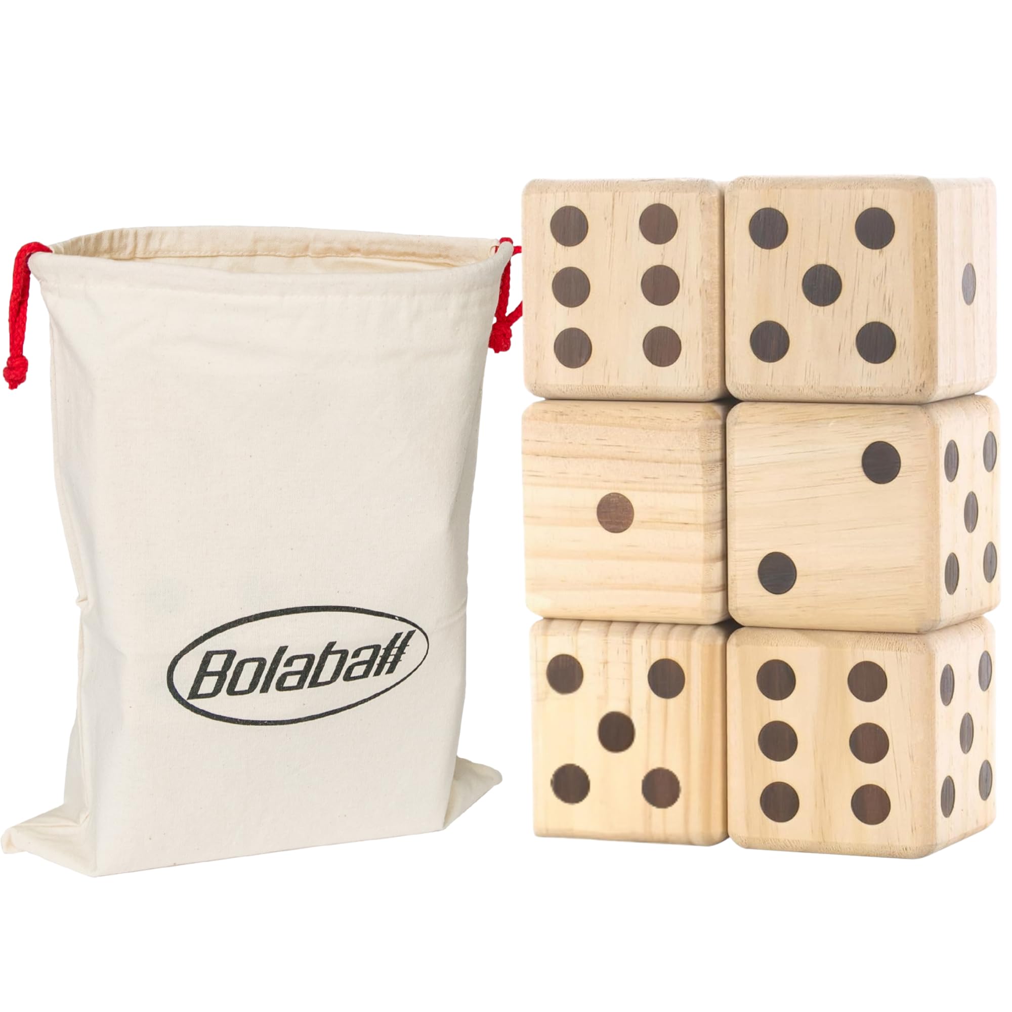 Bolaball 3.5" Giant Wooden Yard Dice Set – Durable Outdoor Fun Kit Includes 6 Large Dice with Sturdy Carry Bag for Parties, Beach, Lawn Games, and Easy Storage; Superior Crafted Hardwood Design