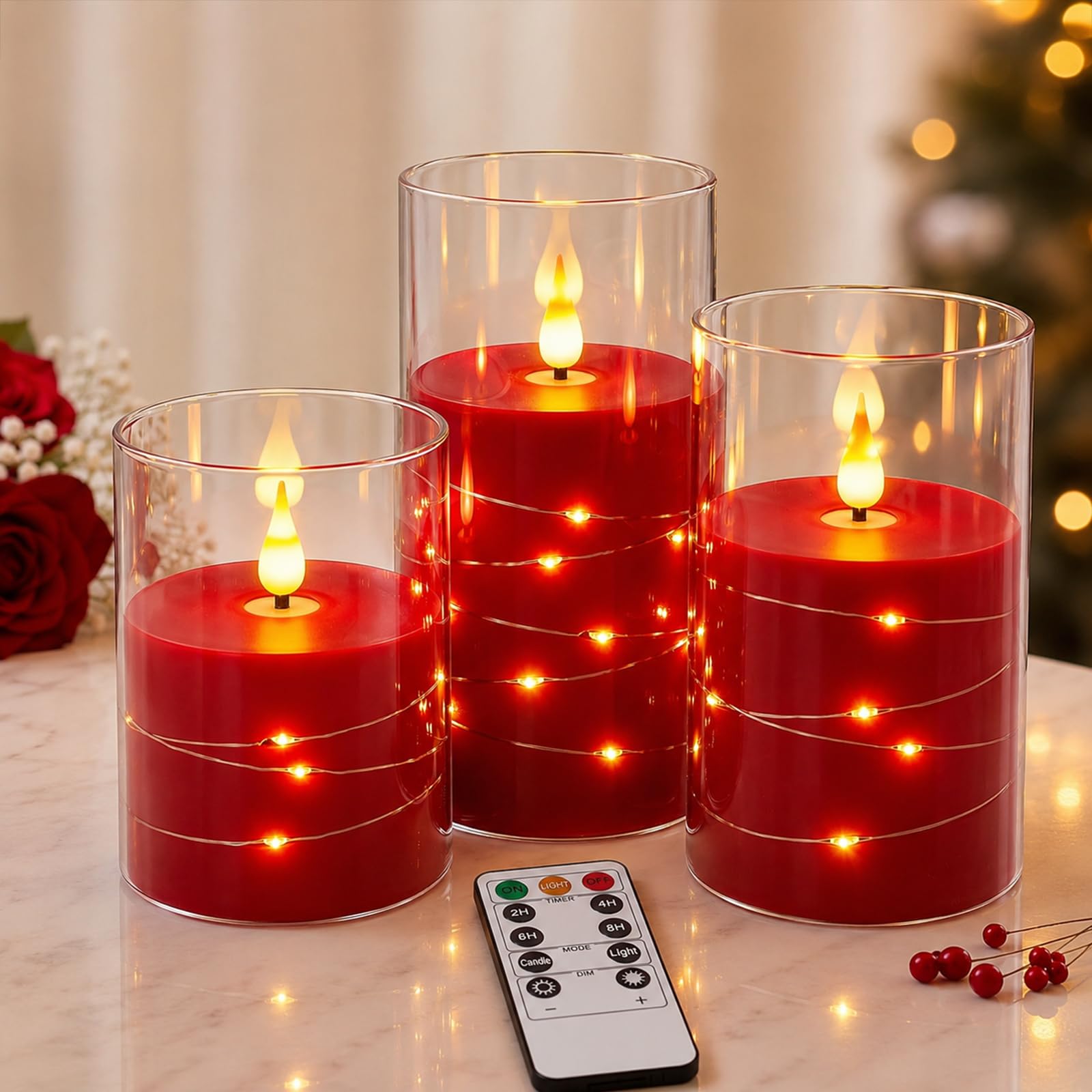 Plmmperation Flameless Candles Light, Set of 3 Flickering LED Candle with Remote & Timer, Dimmable Electric Candles Battery Operated, Star String Candle for Home Wedding Party Holiday Decor (Red) — image 1