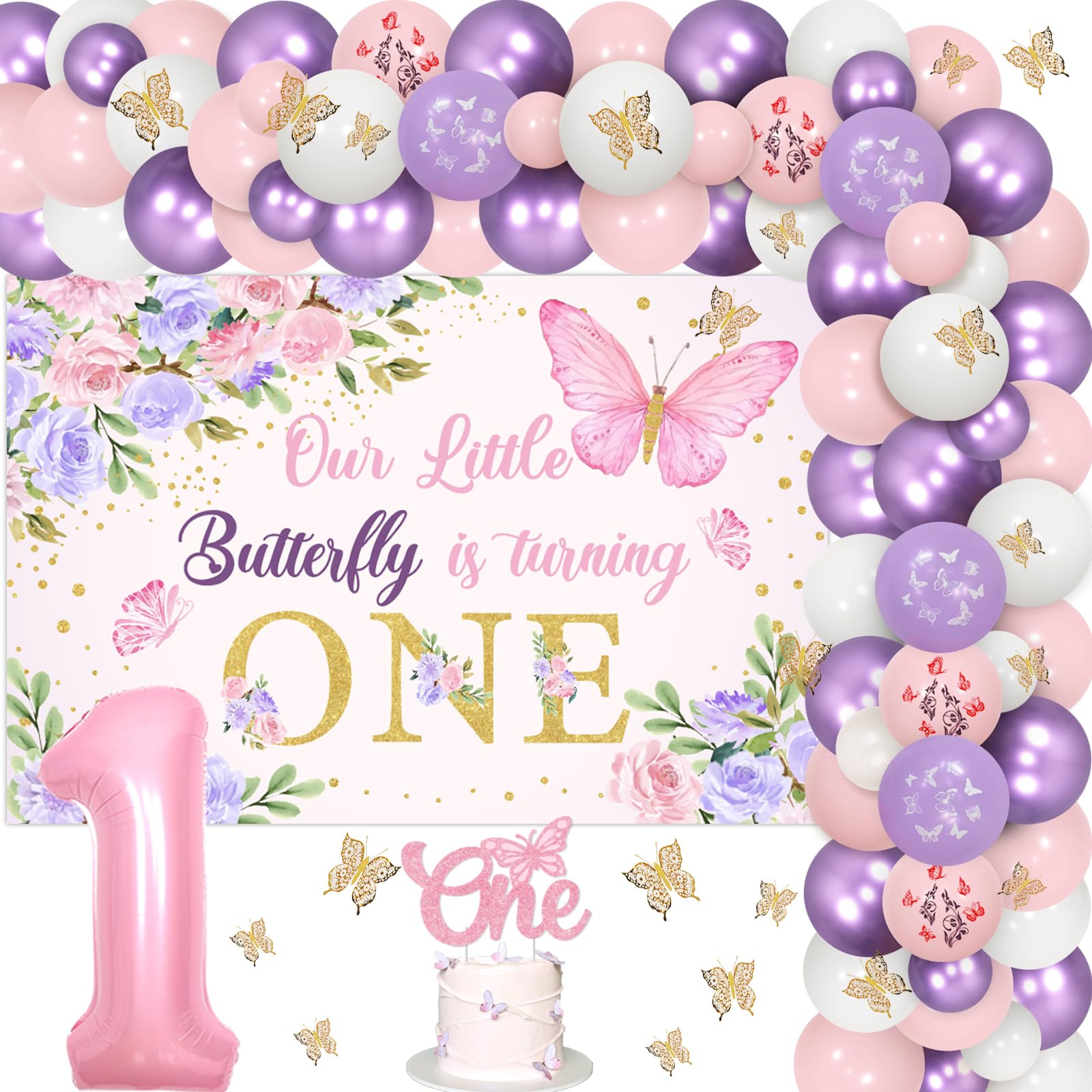 Jollyboom Kit Decorazioni Primo Compleanno Fata - Arco Palloncini Rosa E Viola, Sfondo 1x1,5 M, Farfalle, Numero 1, 63 Palloncini - 2