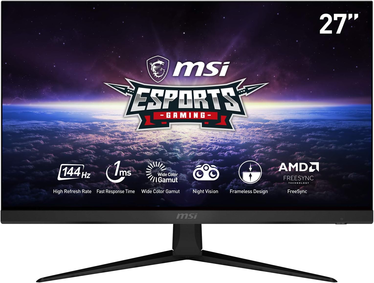 MSIOptix G271 Esports Gaming IPS Monitor - 27 Inch, 16:9 Full HD (1920 x 1080), IPS, 144Hz, FreeSync Premium, DisplayPort, HDMI, Wide Color Gamut, Night Vision, Anti-Flicker, Less Blue Light, Black